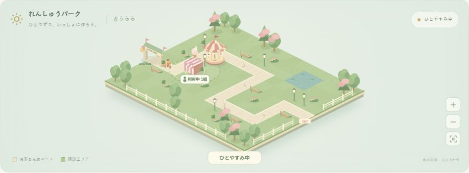 リトルパークの練習マップ。通路のそばにアイス屋とメリーゴーランドを建設した画面
